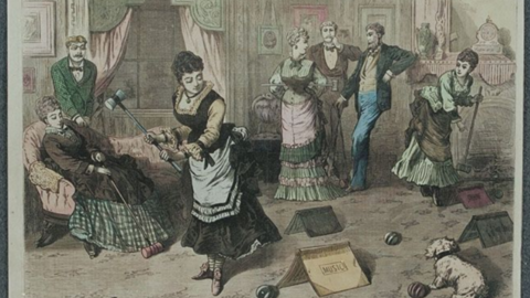 Farcical print of a group of people in Victorian dress playing croquet using books as wickets