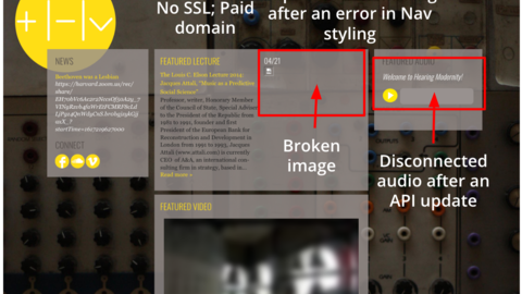 A screenshot of the Hearing Modernity site before it was maintained by DARTH staff. The domain is expired, and there are styling errors, a broken image, and a disconnected audio plug-in.
