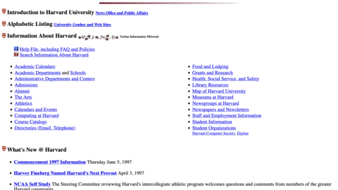 Image of a 1997 capture of the Harvard University website
