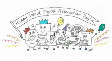 Cartoon of happy digital devices celebrating World Digital Preservation Day