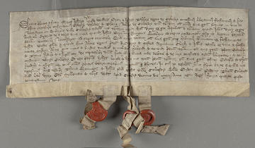 A document on parchment with a deep crease and crumpled tags with wax seals.