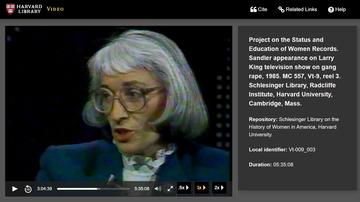 Still from the video of Bernice Sandler appearance on Larry King television show, 1985, from the Schlesinger Library