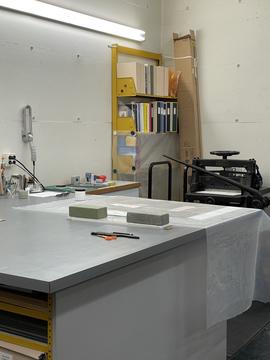 A large work bench in a conservation lab.