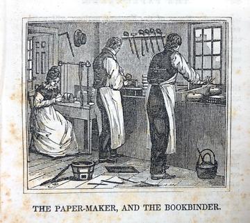 Female bookbinder seated and sewing a book, two male bookbinders standing while decorating a book cover and putting a text block in a press 