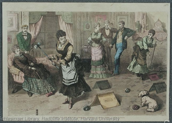 Farcical print of a group of people in Victorian dress playing croquet using books as wickets