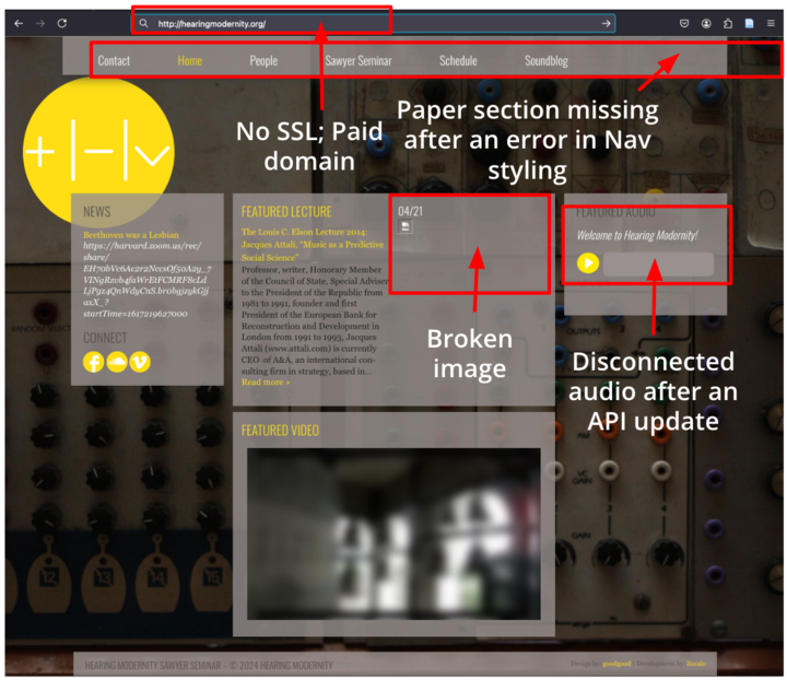 A screenshot of the Hearing Modernity site before it was maintained by DARTH staff. The domain is expired, and there are styling errors, a broken image, and a disconnected audio plug-in.