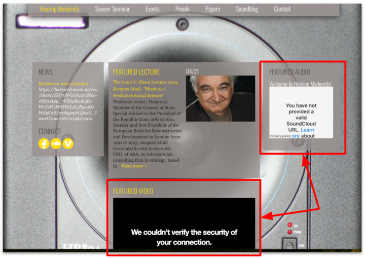 A screenshot of the the Hearing Modernity site captured by Archive-It. Many elements are intact, but the third-party streaming plugins are broken, reducing usability of the project.