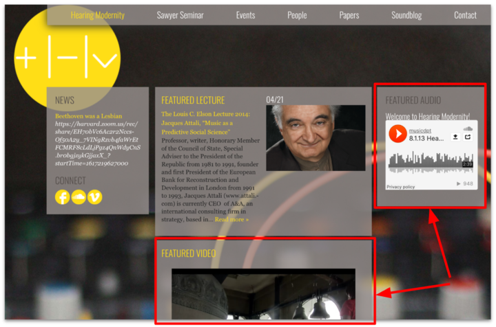 A screenshot of the Hearing Modernity site as captured by the Webrecorder tool, showing the styling and streaming plugins are all operable.