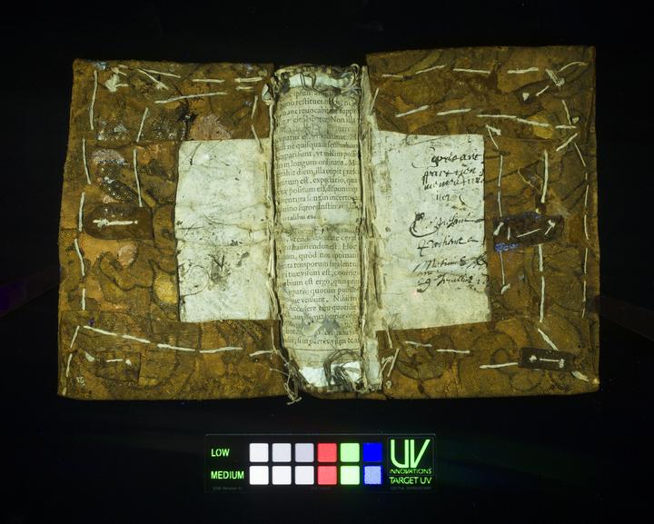 Inside an open book cover in UV light. 