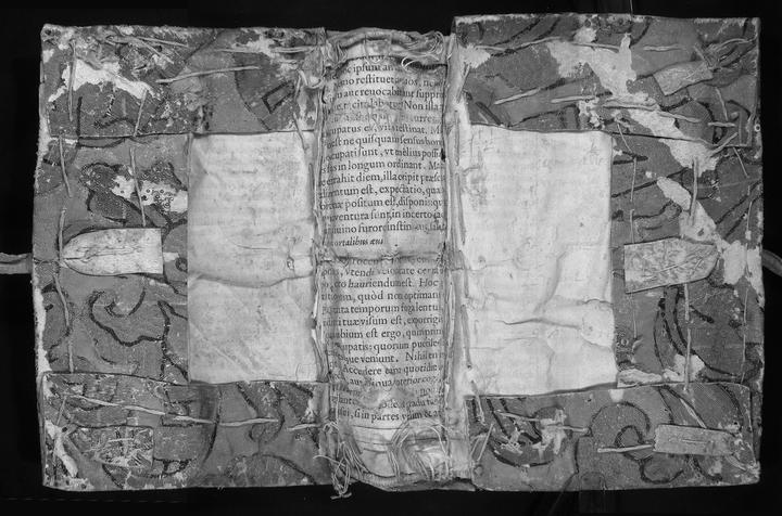 Infrared image of the interior of an open book cover. 