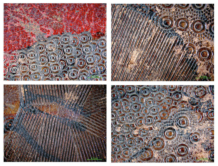 Detail images of patterns in a leather book cover. 