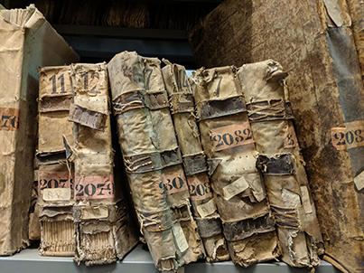 Parchment-bound archival books with straps and lacing decoration, standing on a shelf