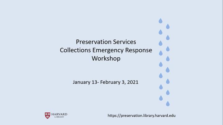 Preservation Services Collections Emergency Response Workshop title slide.