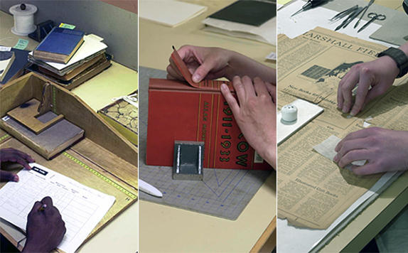 Collections Care staff measuring books, rebinding books, and repairing newspapers