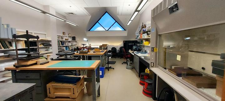A conservation lab with a triangular building on the far wall.