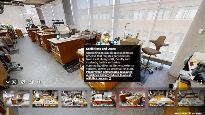 View of Highlight Reel with images of tour highlights along bottom of screen, Mattertags, & expanded tag about Exhibits.