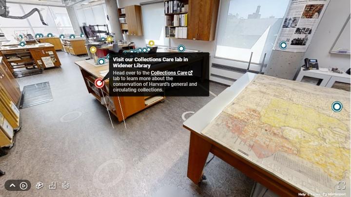 Entry point view of Weissman Preservation Center, showing the viewpoints on the floor, the colored Mattertags, and an open tag with a link to Visit the Collections Care lab.