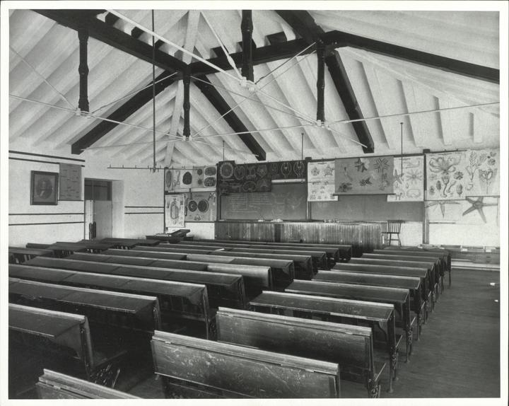 A photograph from 1892 showing a classroom in an attic space with large charts hanging all around the room.