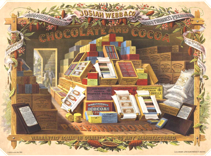 Illustrated advertisement for chocolate from 1866.