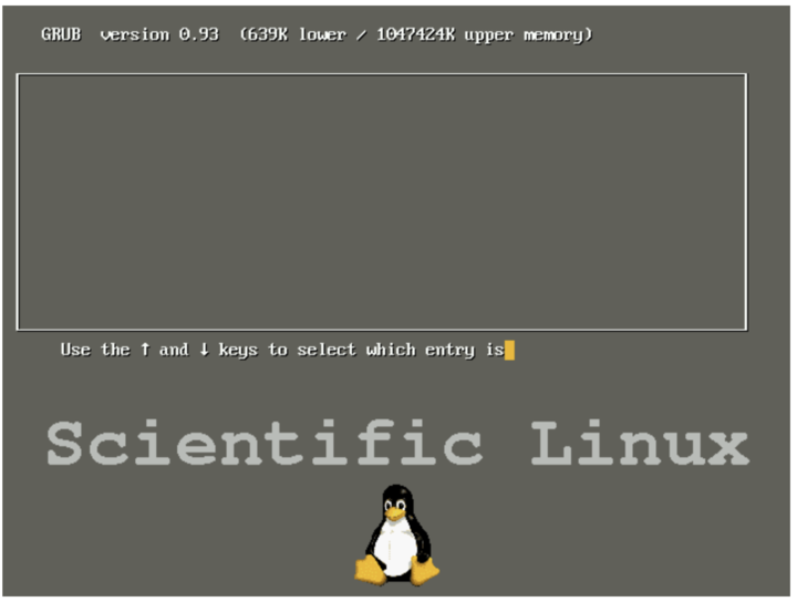 A grey screen with a large box for text with a penguin at the bottom next to Scientific Linux.