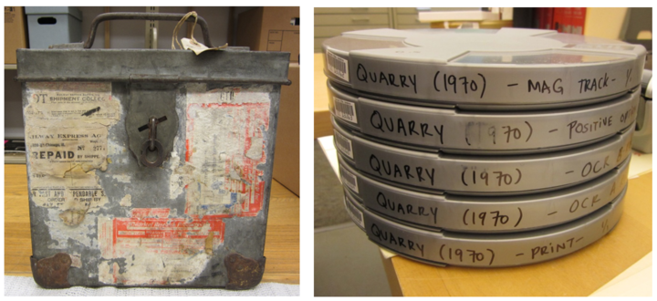 AV materials in old metal containers.