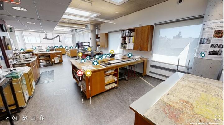 The entry point of the Weissman Preservation Center showing work benches, colored Mattertag circles, and clickable icons.