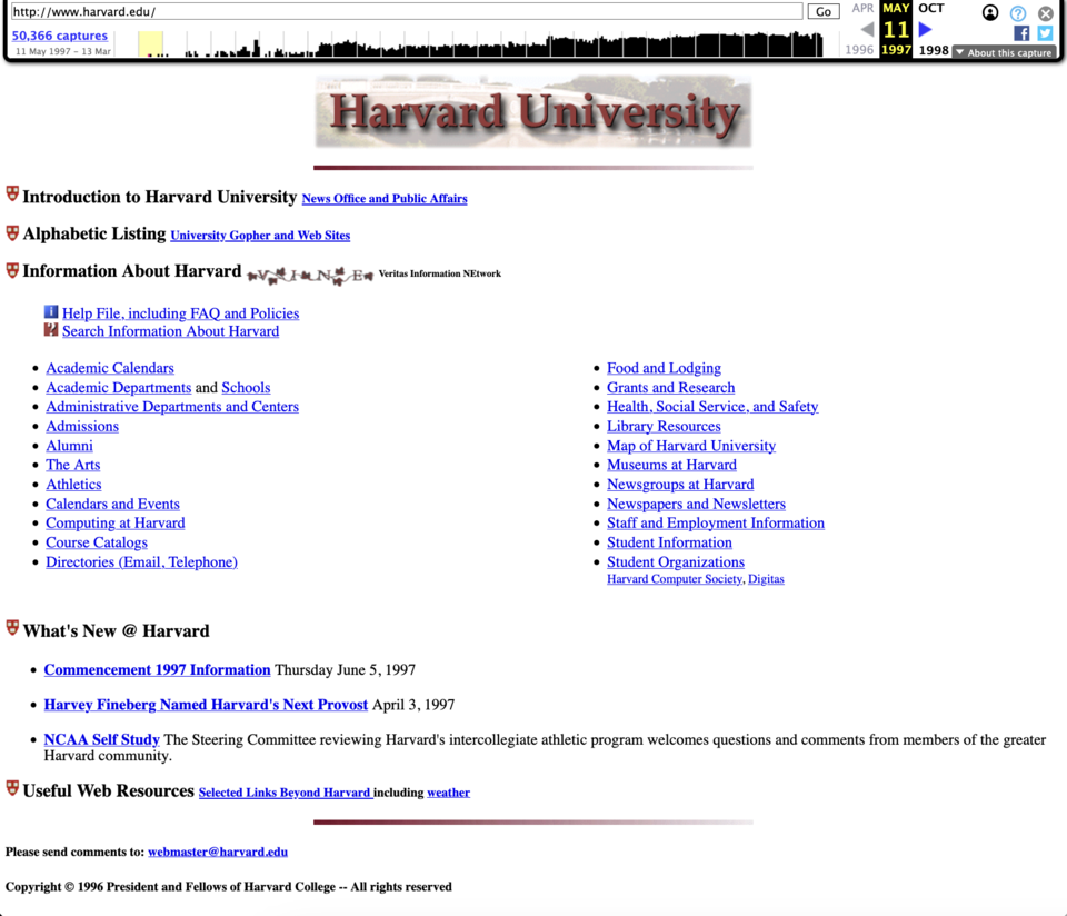 Image of a 1997 capture of the Harvard University website