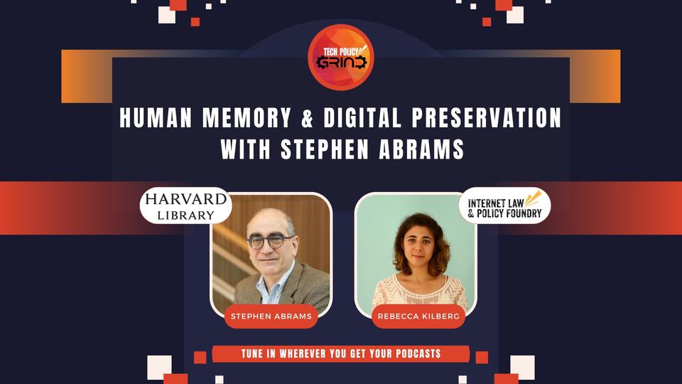 Promotion image with information about the episode and headshots of Stephen Abrams and Rebecca Kilberg