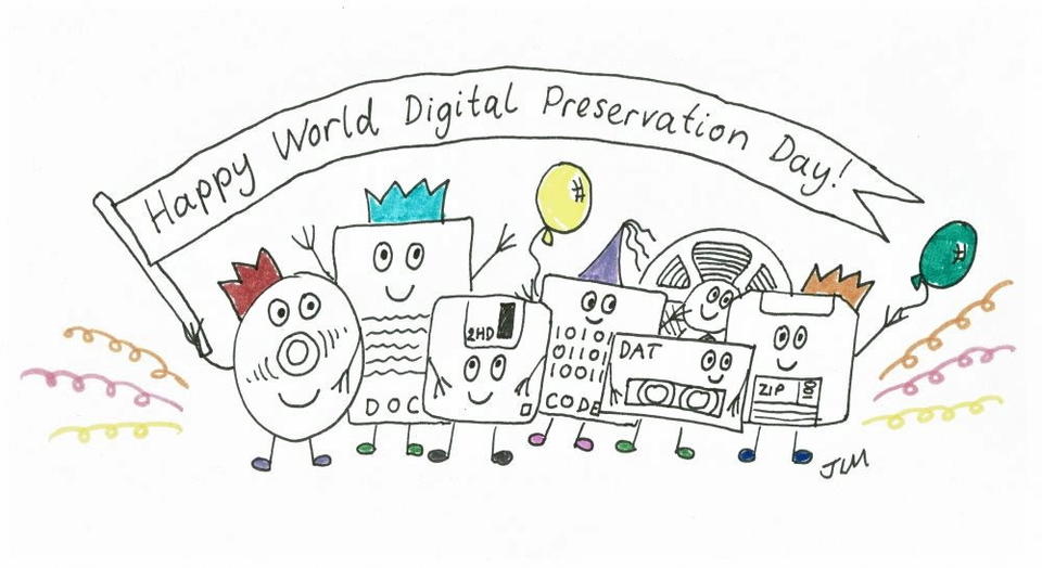 Seven cartoon outdated media as cartoons holding a Happy World Digital Preservation Day flag