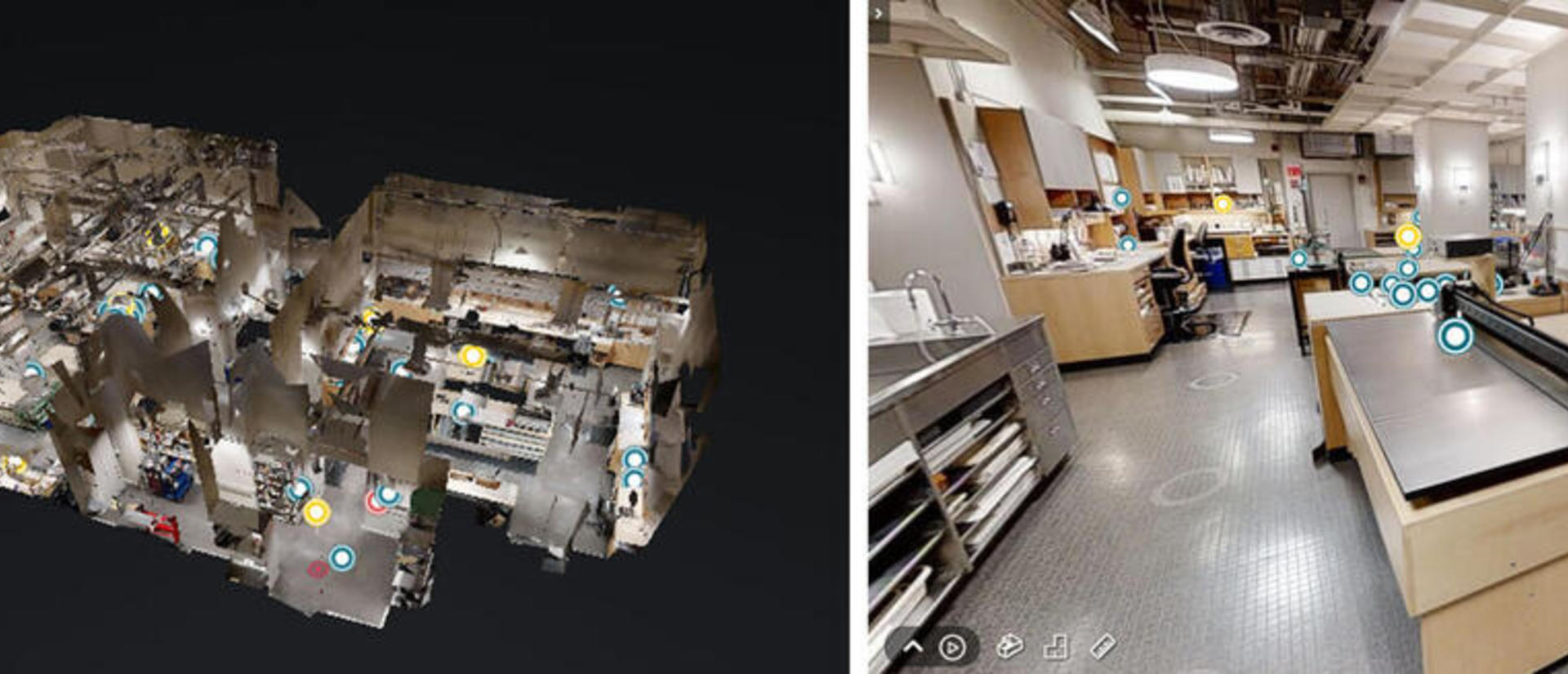 A composite image of a dollhouse view of the Collections Care lab next to a view of the lab showing work benches, equipment, and tags highlighting content in the virtual tour.